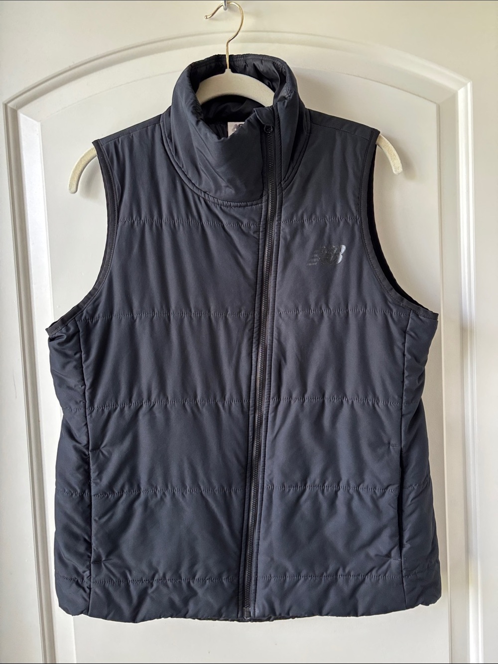 New Balance Black Asymmetrical High Collar Quilted Vest w/ Side Pockets (Button)